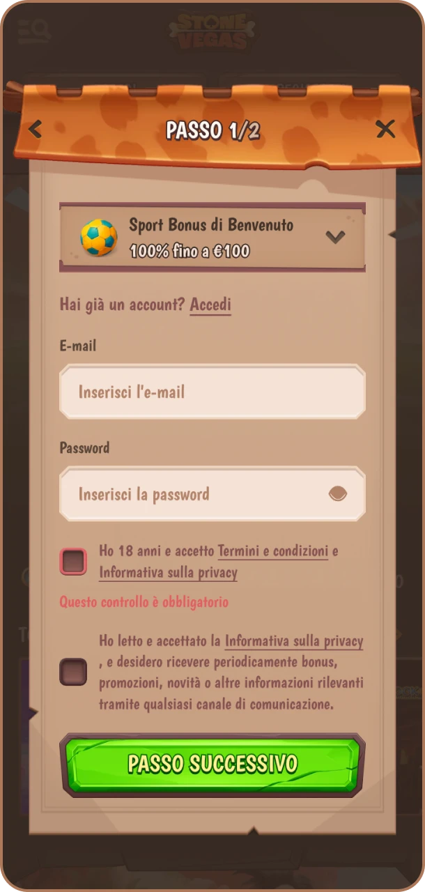 Inserisci i tuoi dati e gioca subito su Stonevegas.