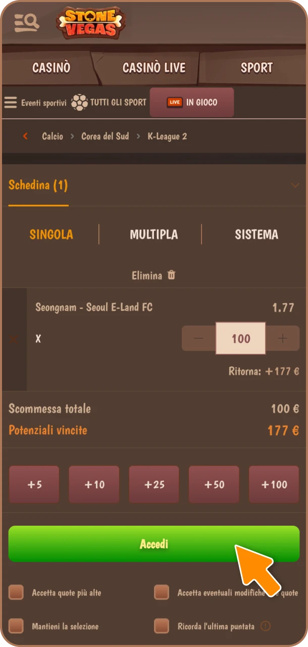 Conferma la tua schedina e gioca su Stonevegas.