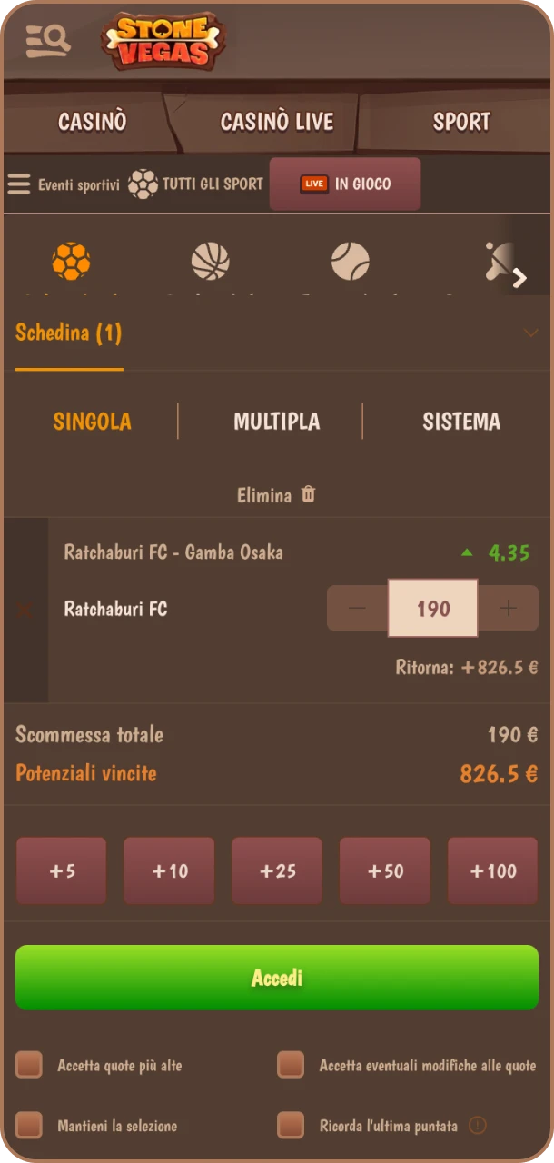 Inserisci l’importo e prova la fortuna su Stonevegas.