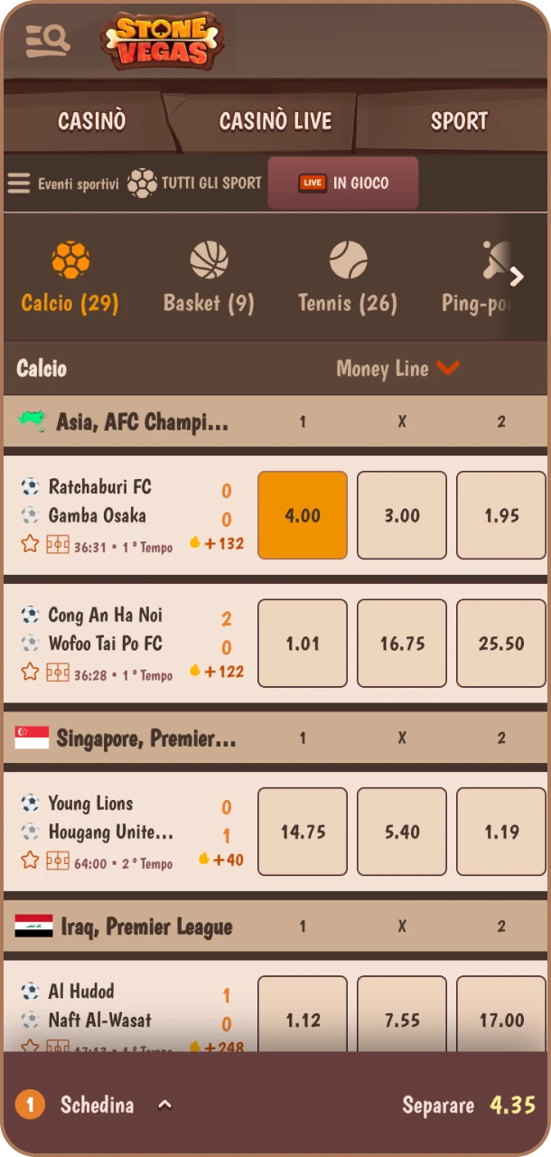 Seleziona il tuo sport preferito su Stonevegas.