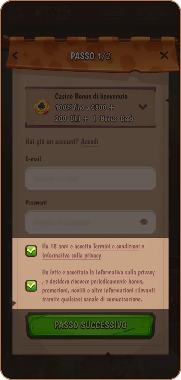 Conferma la registrazione e gioca su Stonevegas.