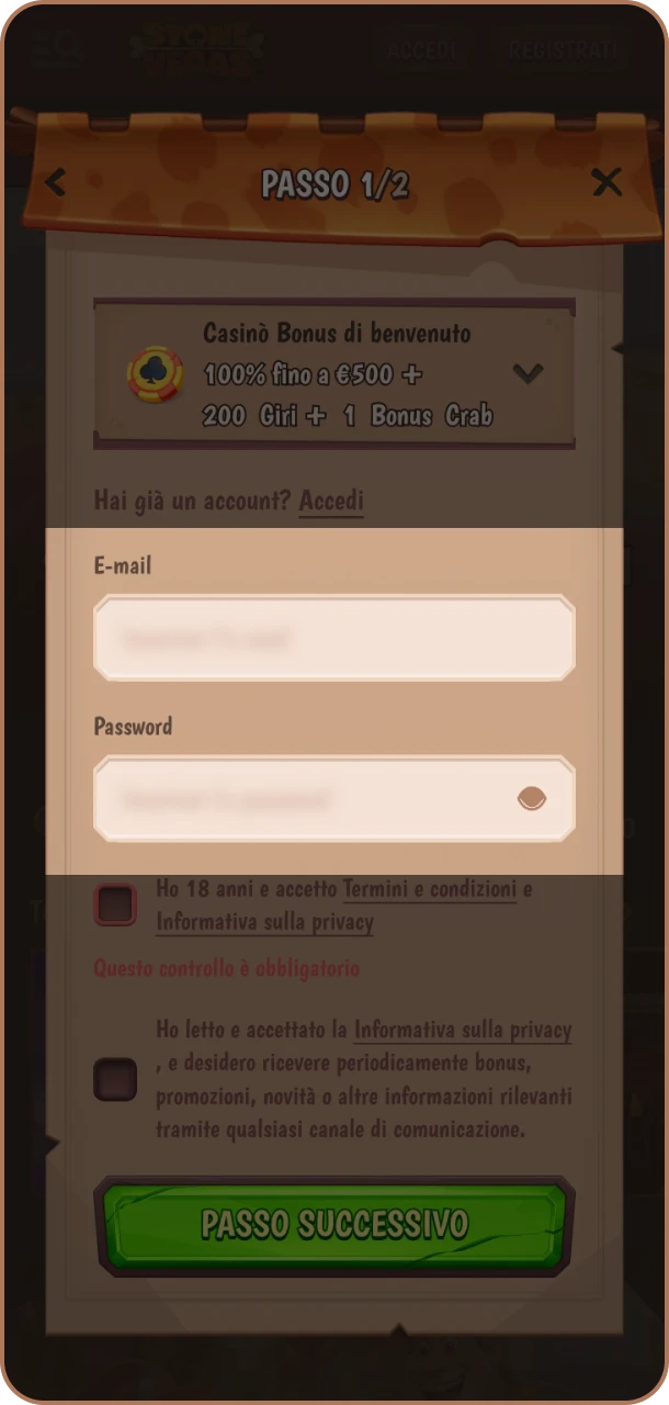 Inserisci i tuoi dati e divertiti su Stonevegas.